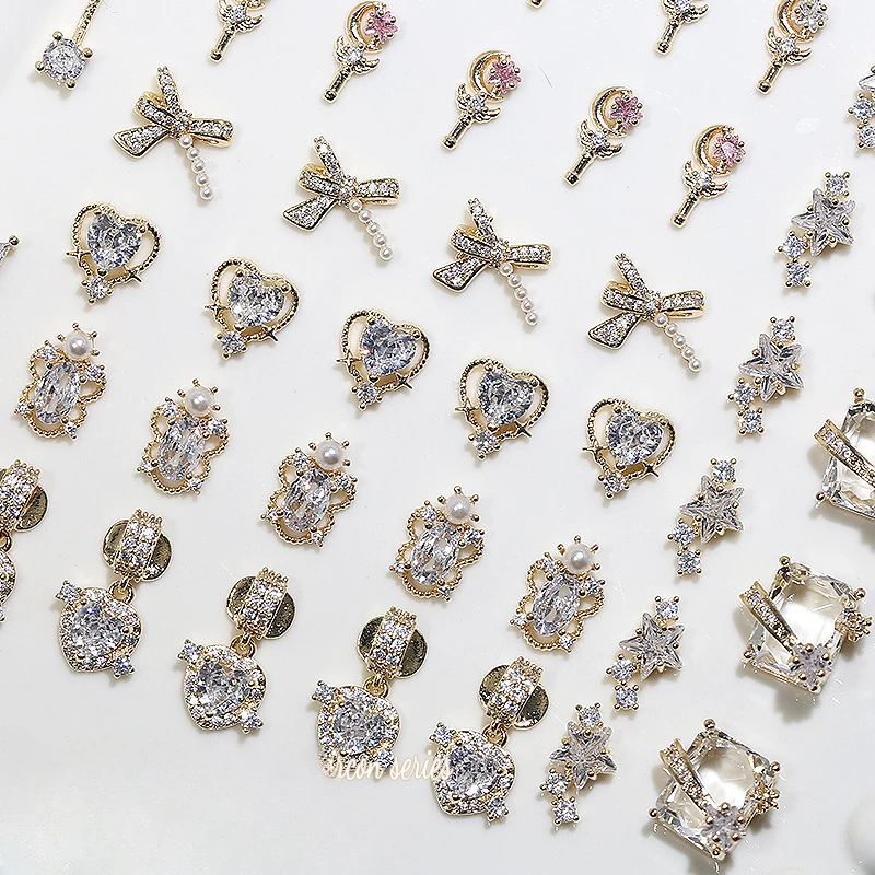 10pcs Shiny Long Rectangle and Heart-shaped Rhinestone Nail Art Decorations with Bowknot Design DIY 3D Nail Accessories