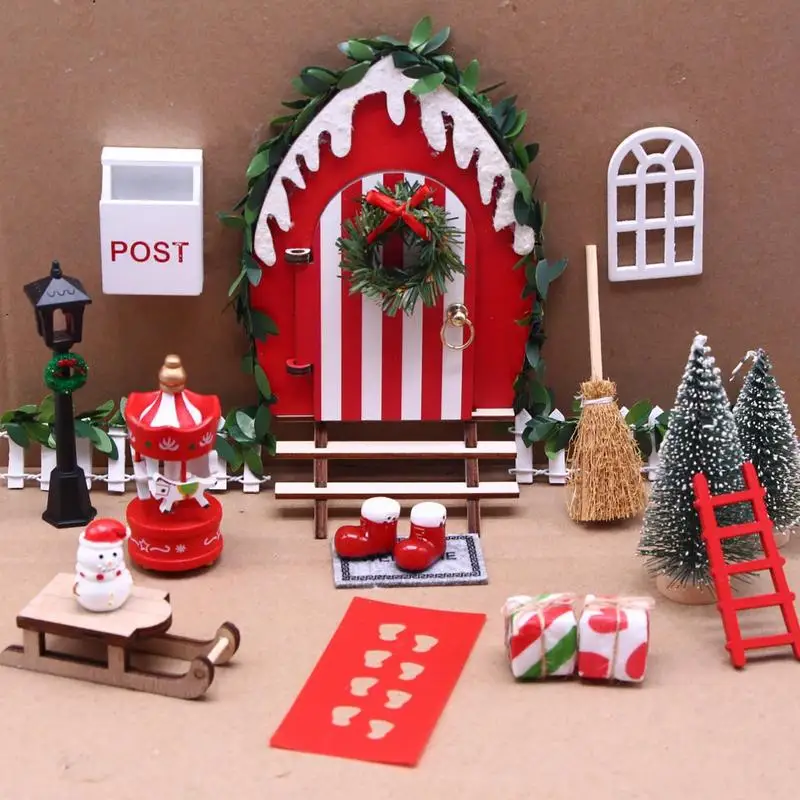 Doll House Christmas Scene Pretend Toys Door For Doll House Wooden Simulation Trees Snowman Crafts For Christmas Parties