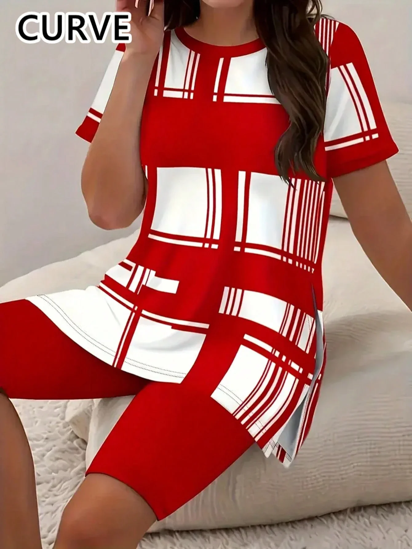 

Women's 2 Piece Plaid Print Short Sleeve Top And Shorts Set