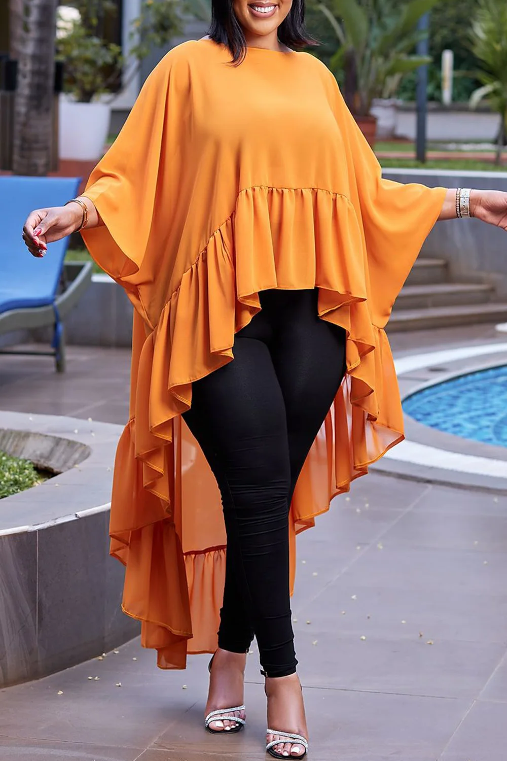 

Plus Size Business Casual Orange Round Neck Lantern Sleeve Long Sleeve Asymmetric Hem Ruffle Chiffon Tops