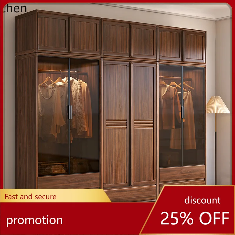 ZML Solid Wood Wardrobe Glass Modern Minimalist with Top Storage Cabinet Household Bedroom Storage Cabinet