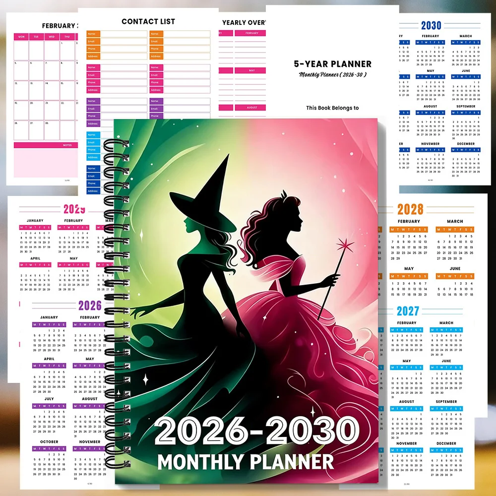 1 ud. Agenda mensual de 5 años 2026-2030, cuaderno espiral con silueta de bruja y princesa, organizador mágico con calendario mensual