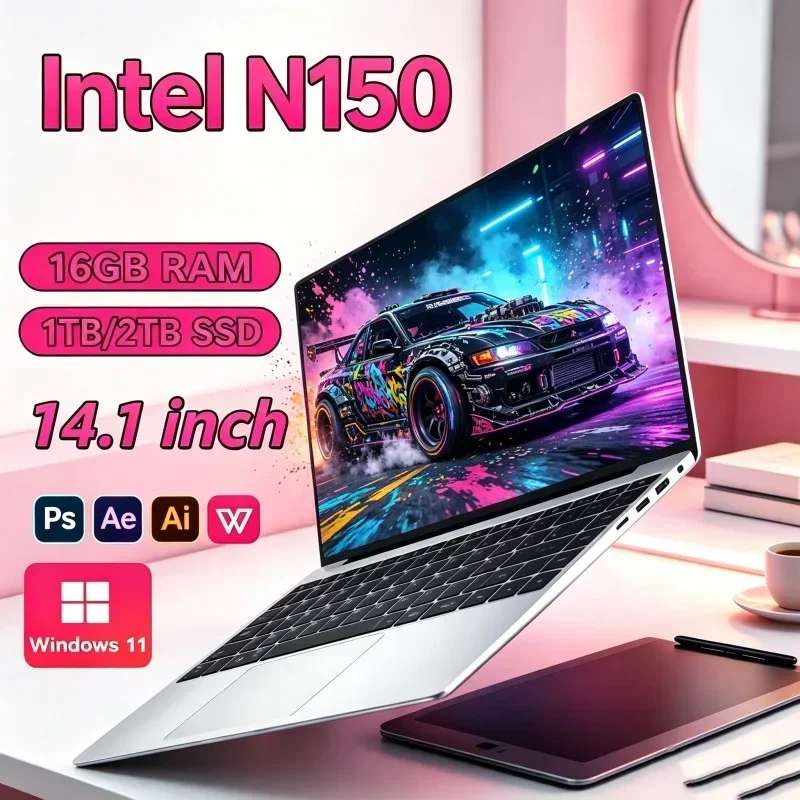 2026 Streamlined Intel Core N150 14.1 Inch Laptop 32GB RAM 2TB SSD Windows 11 Ultra Slim Gaming Gamer Office Notebook 1920x1080