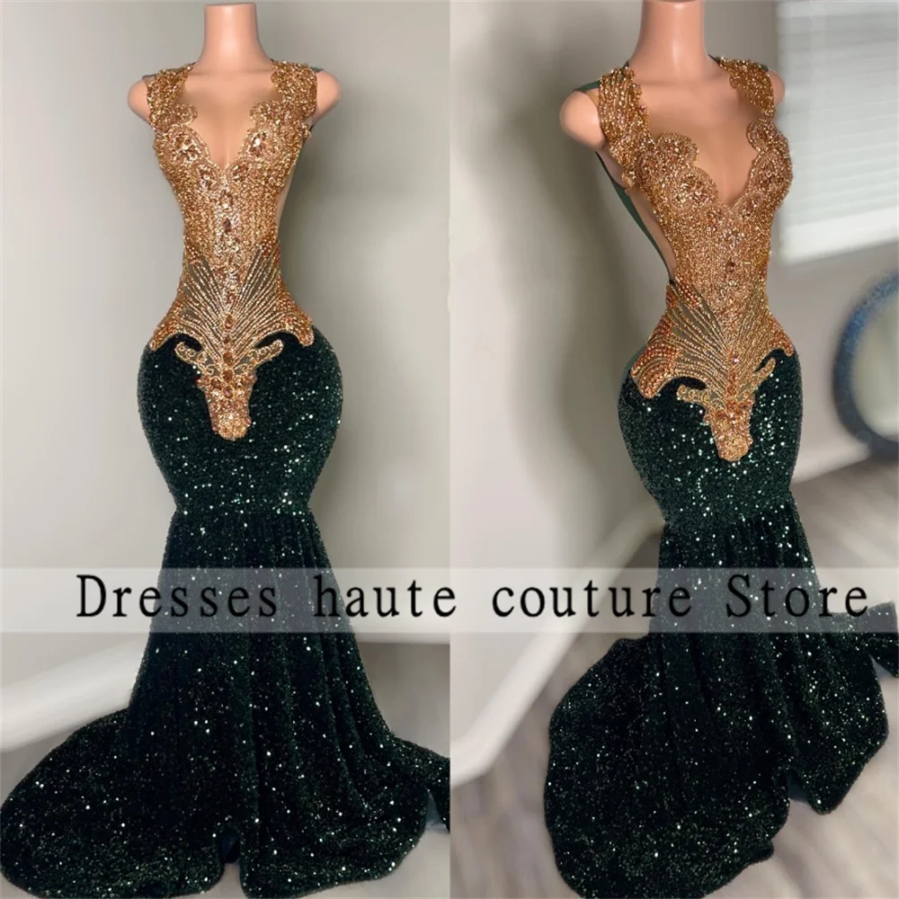 Emerald Green Sequins Prom Dresses 2025 Black Girl With Gold Beaded Crystal Mermaid Formal Party Dress Evening Dress Customized