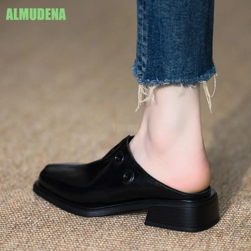Female Retro Square Toe Mule Slides Soft Worn Suede Dual Polished Metal Eyelet Ornament Slip Low Heel Street Casual Shoes