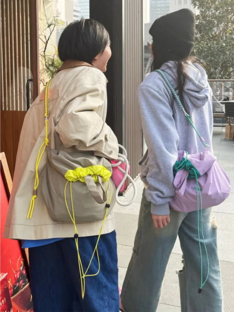 Casual Korean Contrast Color Knit Drawstring Handbag Shoulder Bags Women Multifunction Crossbody Bag