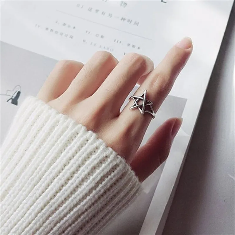 New Retro Jewelry Hollow Five-pointed Star Thai Silver Geometry 925 Sterling Silver Simple Women Opening Rings