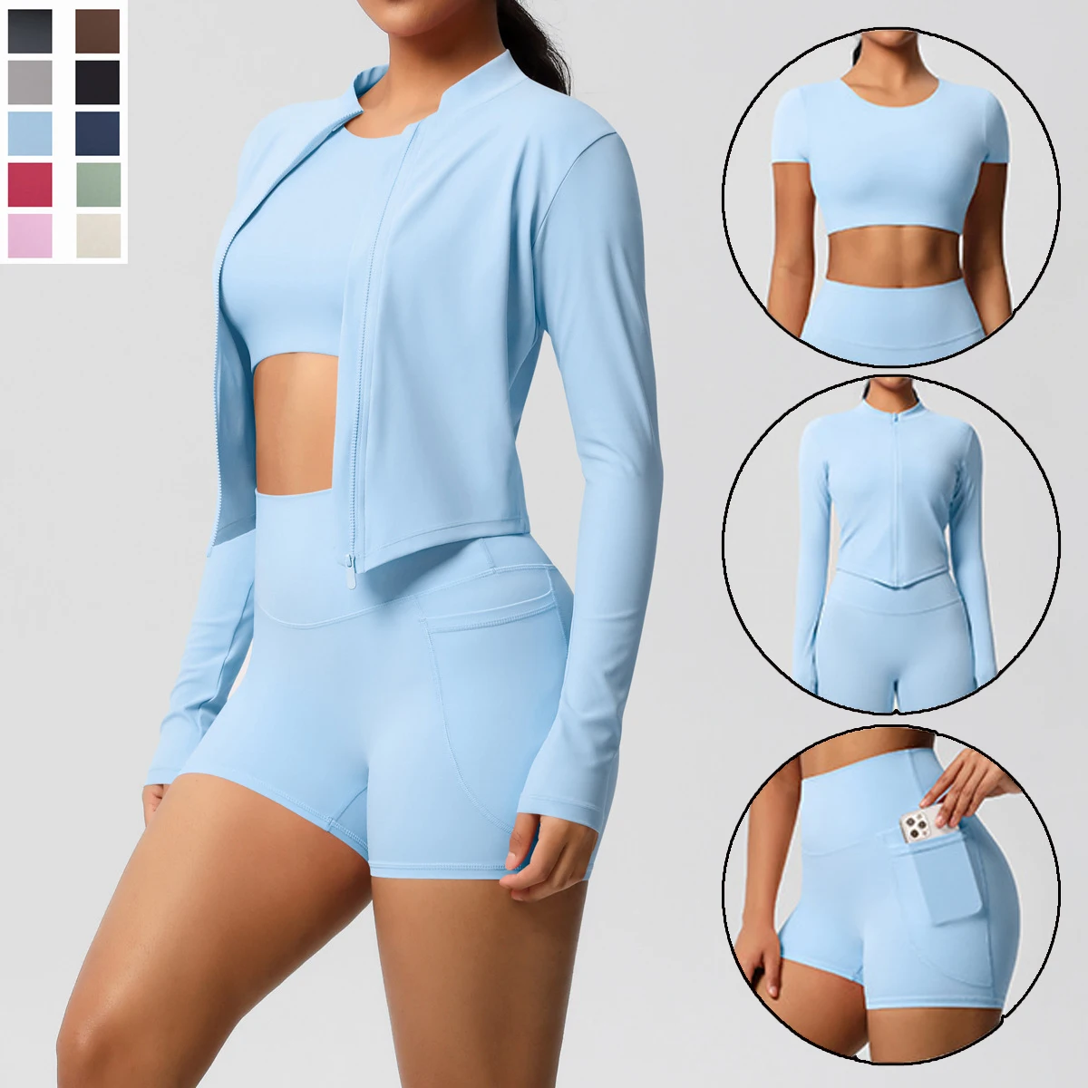 New Slim Casual Yoga Sports Suit for Woman Solid Color Scrunch T-shirt and Shorts Zipper Jacket Gym Workout Yoga Clothing Set