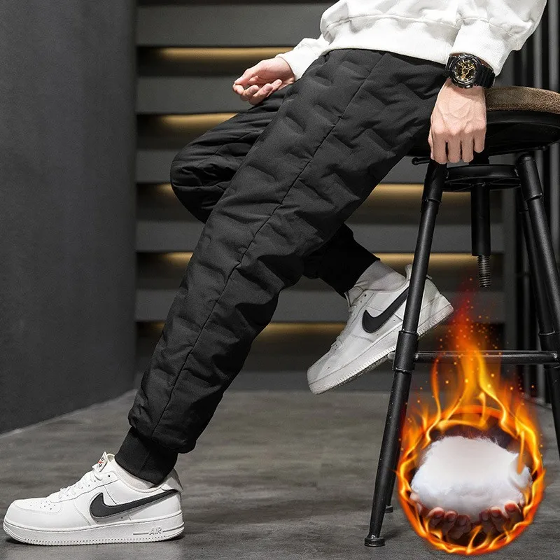 Men's down Cotton Pants Autumn Winter Outdoor Wear Waterproof Snowproof Warmth Youth Fleece Lined Thermal Trousers