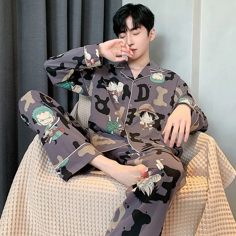 One Piece Monkey D. Luffy Roronoa Zoro Men\'s Sleepwear Spring and Autumn Cotton Long Sleeve Thin Cartoon Home Furnishing Set