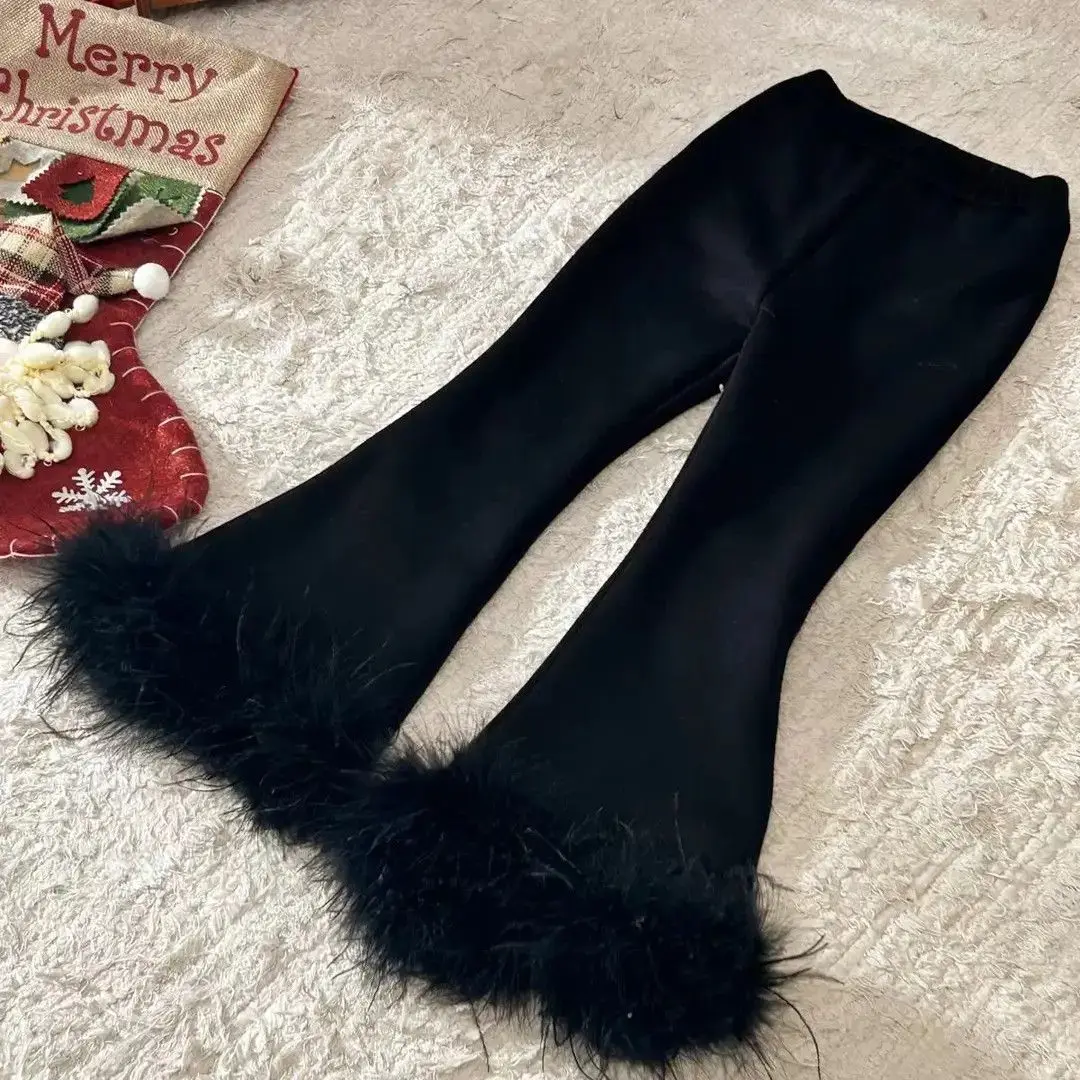Kids Girls Black Flare Pants 2026 New Fashion Teenage Frayed Edges Velvet Pants Autumn Winter Clothing Japanese Korean Style