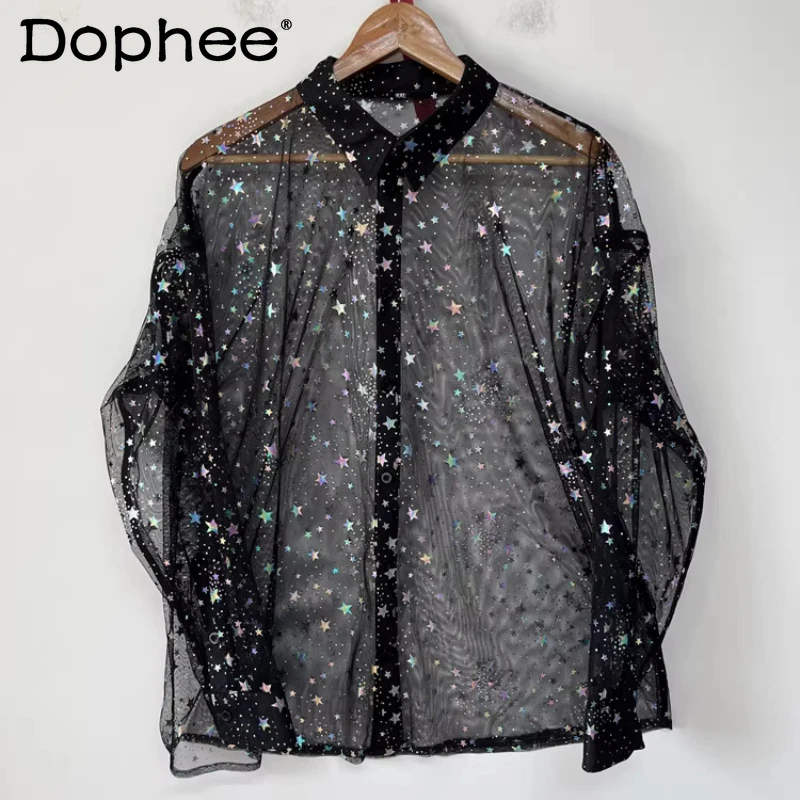 

Men's 2026 Four Season Wear New Colorful Five-pointed Star Decoration Tops Male See-through Mesh Gauze Loose Comfort Chic Shirts