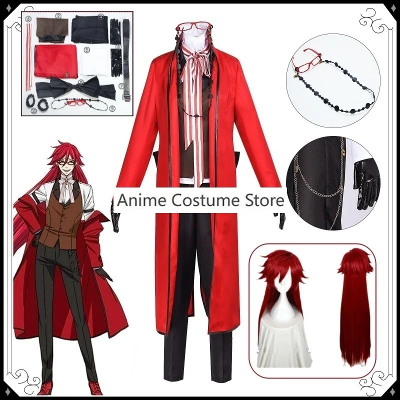 Shinigami Grell Sutcliff Cosplay Costume Death Shinigami Grell Sutcliff Red Uniform Glasses Red Wig Halloween Women Men Outfit