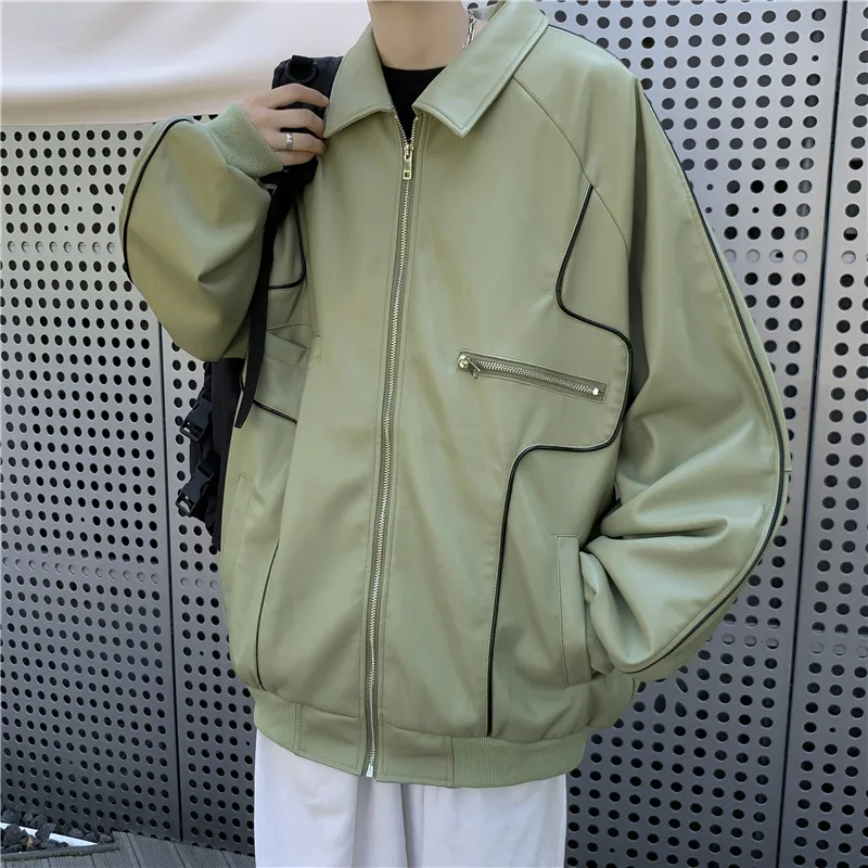 

Men's PU Jackets Unisex Fashion Hip-hop Locomotives Leather Jacket Lapels Loose Long Sleeves Zippers Spliced Designs Men PU Coat