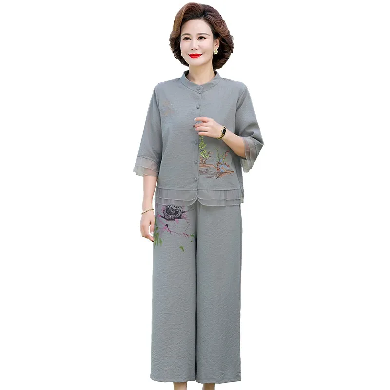 

Summer Two Piece Sets Chinese Style Womens Vintage Embroidery Short-sleeved Middle-aged Mother Clothes Casual Shirt Pant Suits