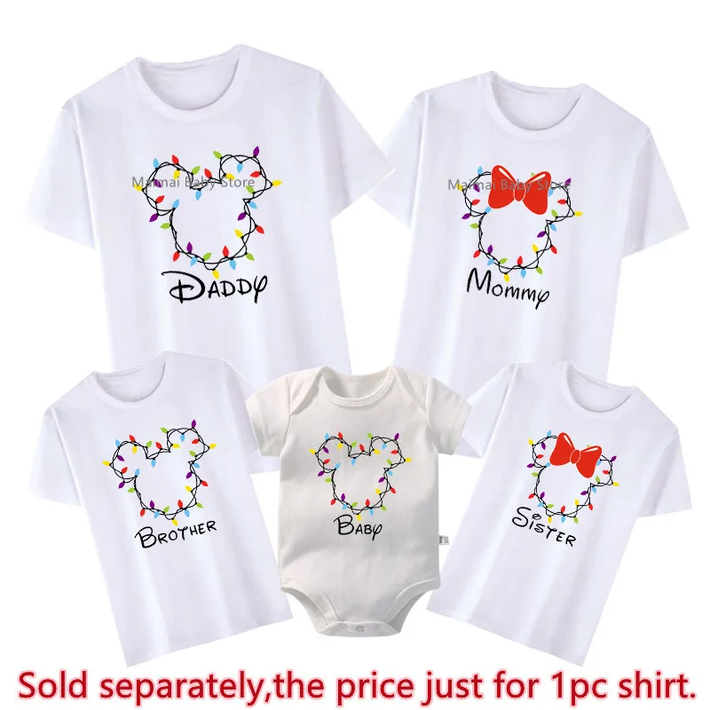 Mickey Minnie Head Print Family Christmas Shirts Dad Mom Brother Sister Tshirt Baby Romper Matching Disneyland Xmas Trip Outfits