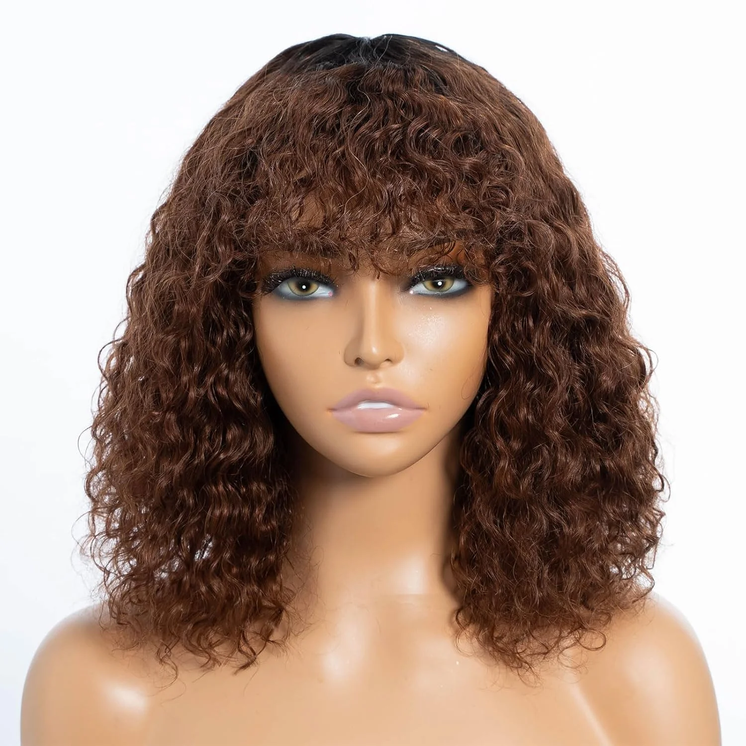 

Короткие кудрявые парики-каре с челкой, омбре от 1B до шоколадно-коричневого цвета, из натуральных волос, с эффектом водной волны, без клея, готовые к ношению