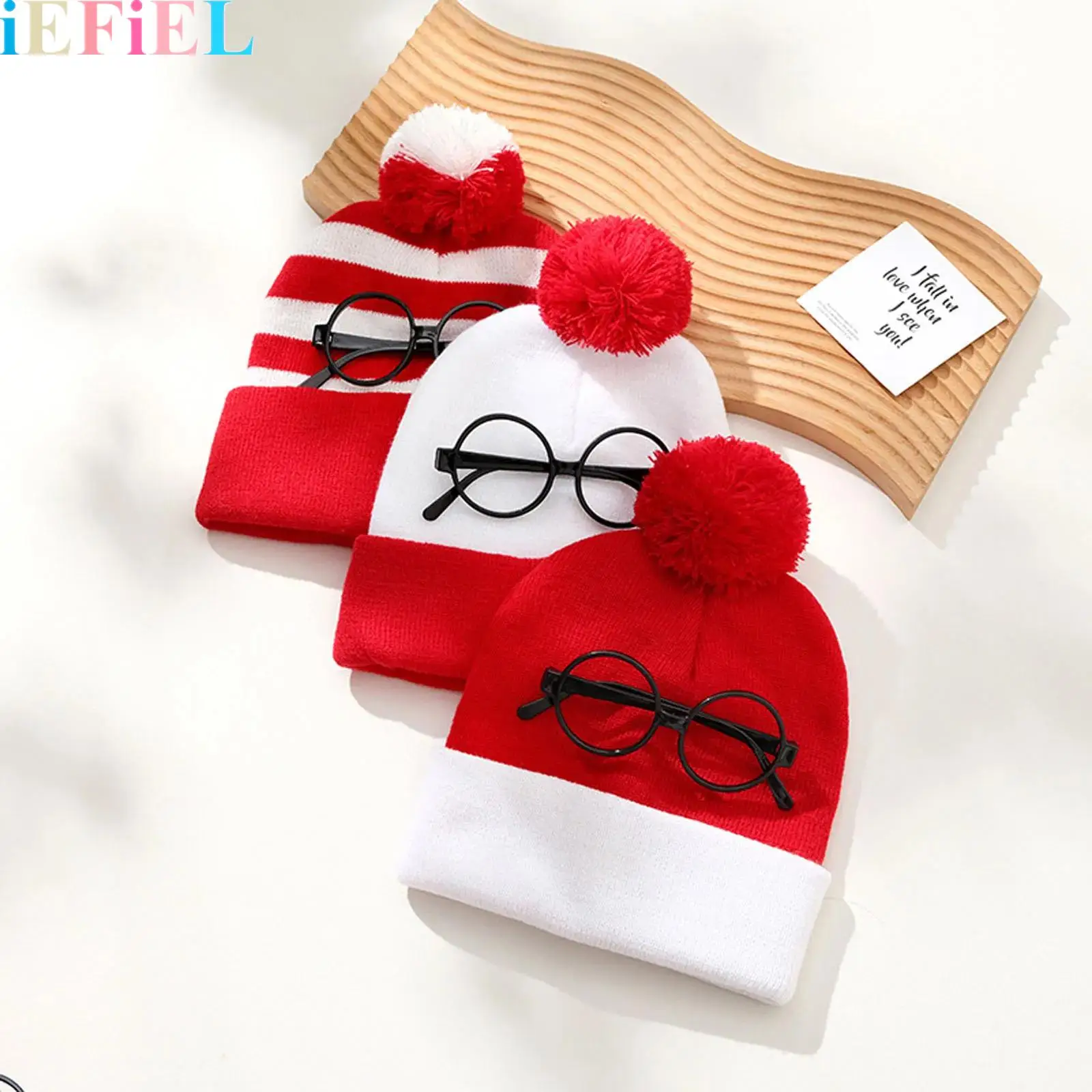 

Christmas Knitted Plush Ball Hat And Glasses Frame for Adults Santa Knitted Beanie Hat for Women Men