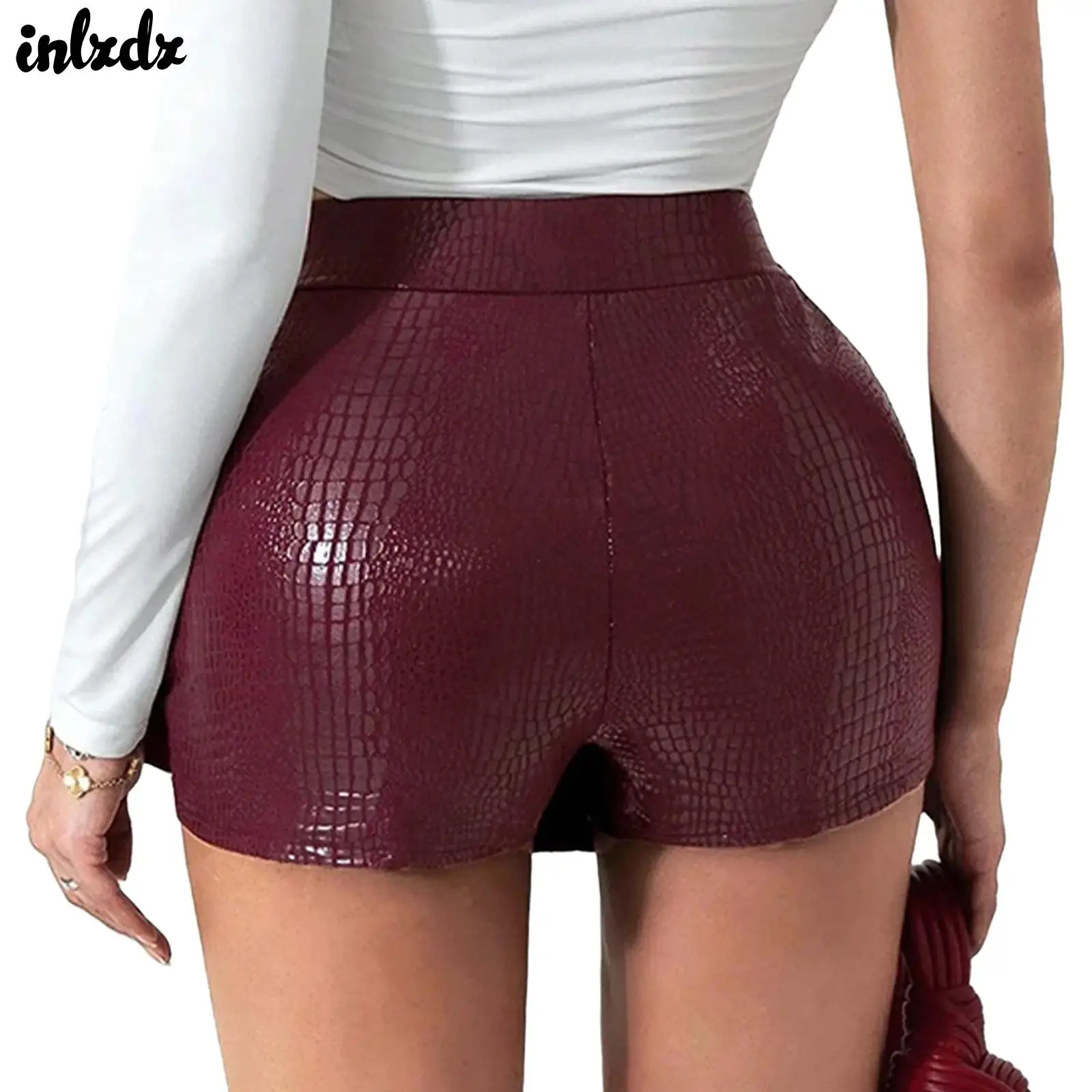 

Womens Faux Leather Culottes Shorts Crocodile-skin Texture Elastic High Waist Shorts with Ruffled Overlap Front Shorts Clubwear