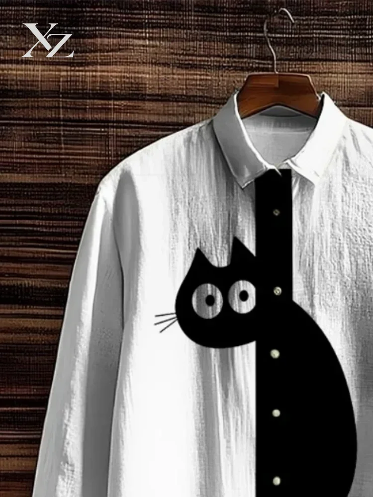 Men's Abstract Black Cat Stuck Art Print Long Sleeve Lapel Collar Shirt Funny Chic Tunic 2025 Autumn White Oversize Top