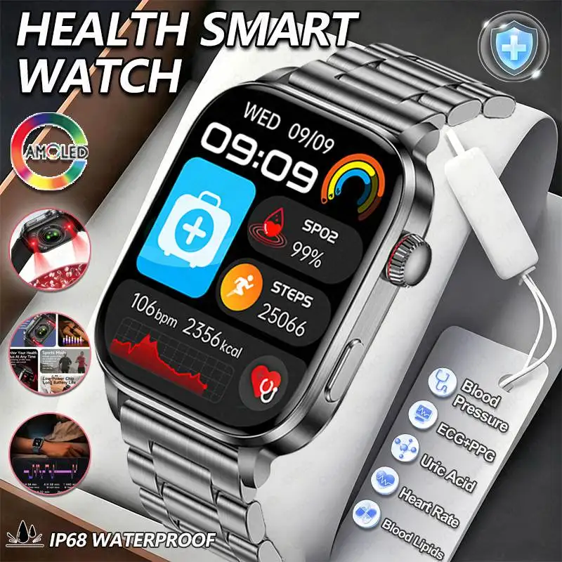 

New ECG+PPG Health Smart Watch Blood Pressure Uric Acid Heart Rate Sleep Monitoring IP68 Waterproof Bluetooth Call Smart Watch
