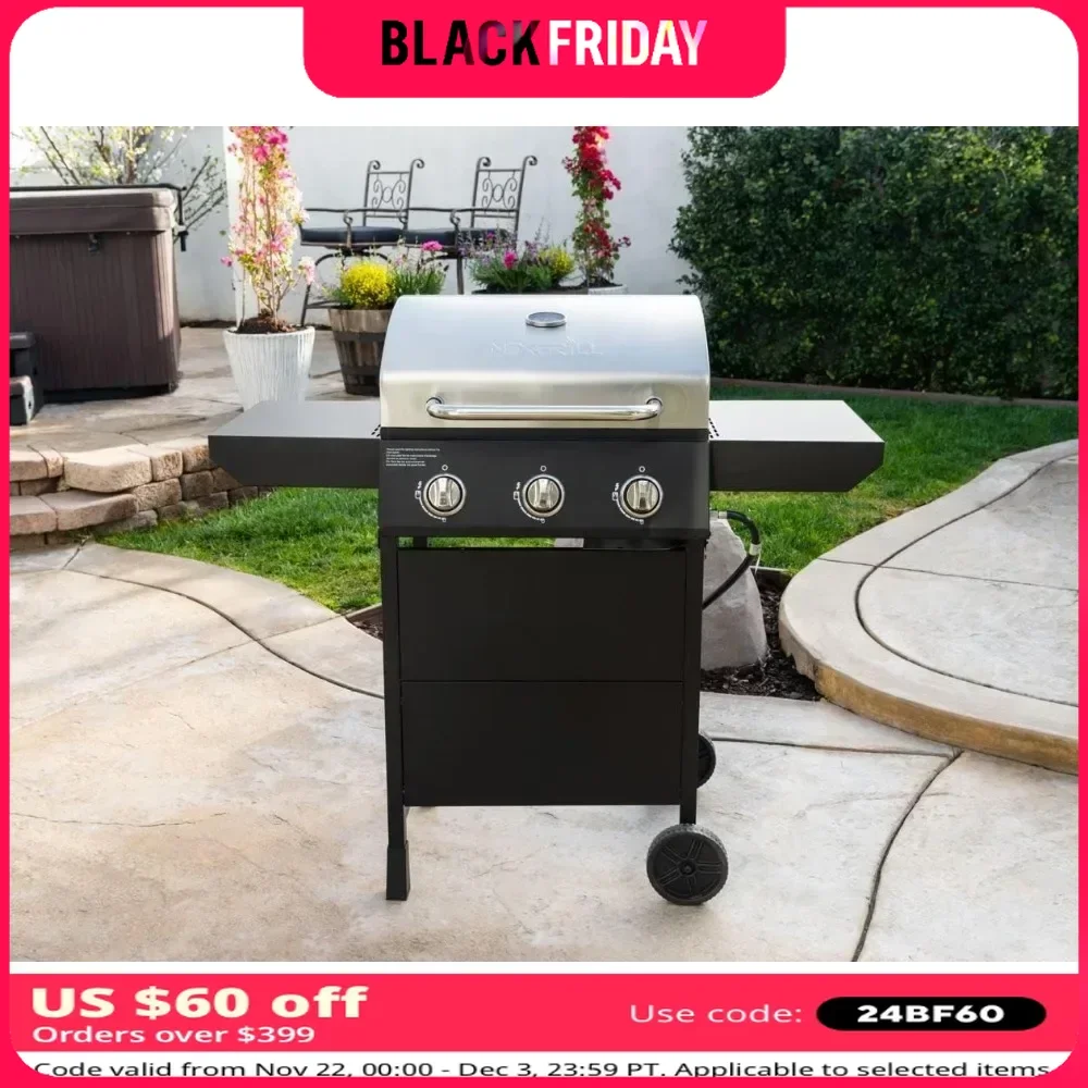 3 Burner Natural Gas Grill Grills Black Portable Barbecue Grill Large BBQ Stand Outdoors Outdoor Garden Camping Gear