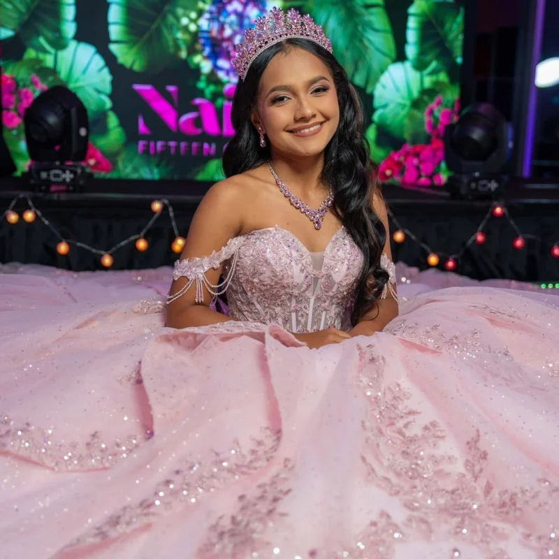 

Pink Quinceanera Dress off-shoulder Sequins Decal Lace Layering Long tail Bow vestidos de 15 Quinceanera ﻿Customize