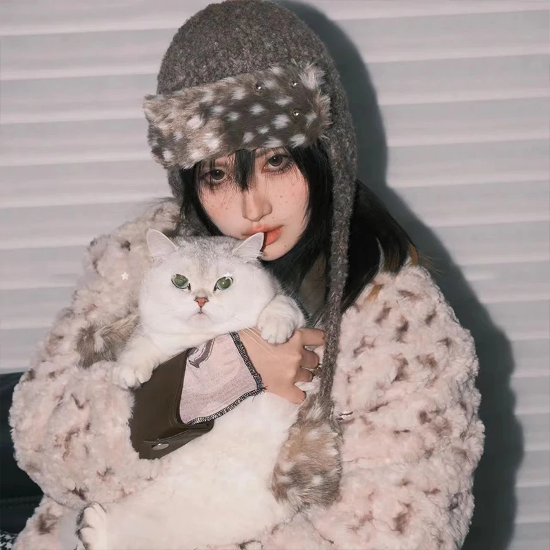 Gorro de piel Original Y2K subcultura harajuku remache protección para los oídos jersey versátil sombrero muy cálido sombrero de invierno accesorios de mujer