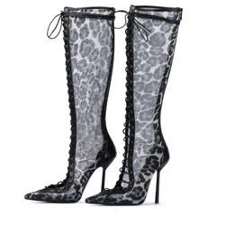 2025 Pointed Hollow Cross Tie Thin High-heeled Cool Boots for Women, Sexy Mesh Fabric Plus Size Fashion High Leg Knee Boots