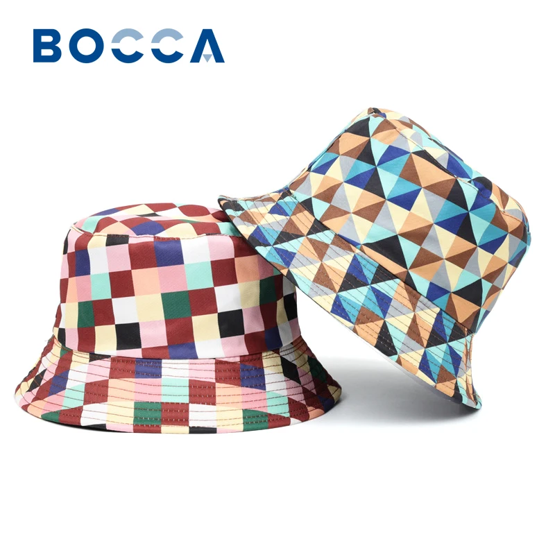 Bocca Colorful Plaid Pattern Bucket Hat Diamond Printing Fisherman Hats Double Sides Panama Cap Foldable Outdoor Sunshade Caps