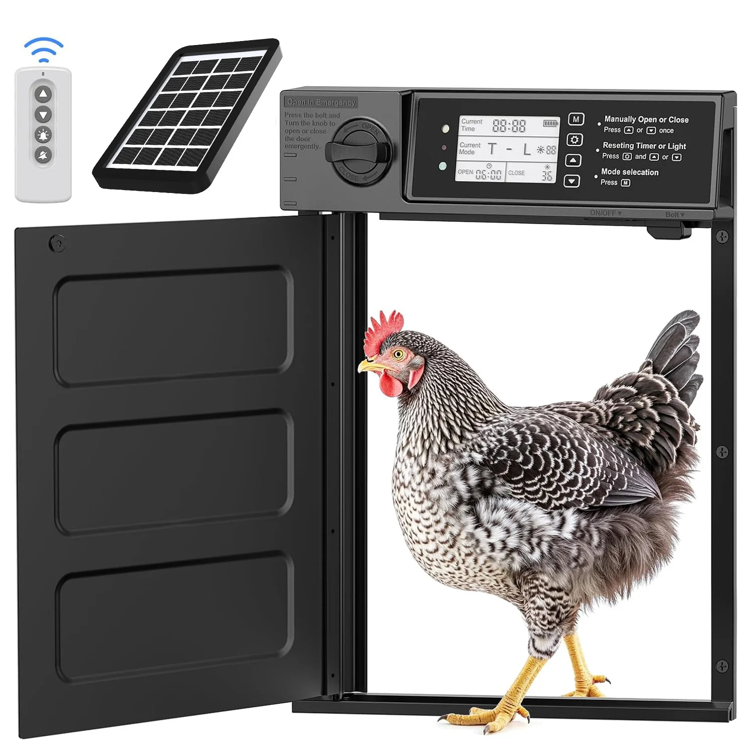 

Solar-Powered Automatic Chicken CoopDoor, Pivoting Chicken Door with Timer andLight Sensor, Pinch-Free Automatic ChickenDoor.