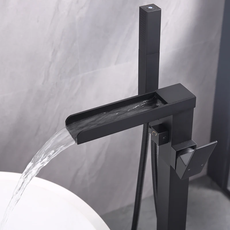 Black Brass Floor Mounted Tub Filler Mixer Tap Waterfall Shower Freestanding Bathtub Faucet With Double Function Hand Shower