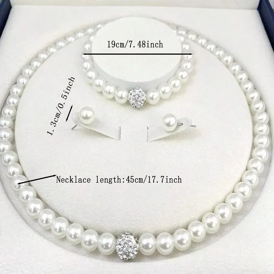 3 PCS set Imitation Pearl Fireball Necklace Bracelet Earring Stud Jewelry Set Silver Color Crystal Stone Elegant Bridal Jewelry image 4