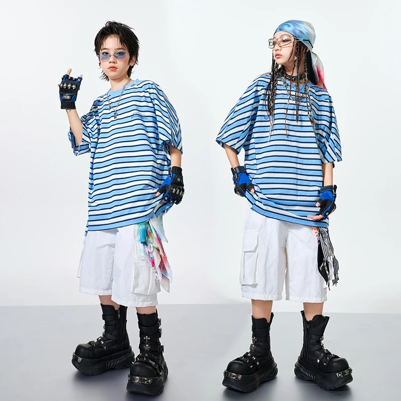 Camiseta a rayas de Hip Hop para niños, pantalones cortos Cargo, ropa de baile callejero para niñas, disfraces de K-pop, conjuntos de ropa, ropa de calle de Jazz para niños