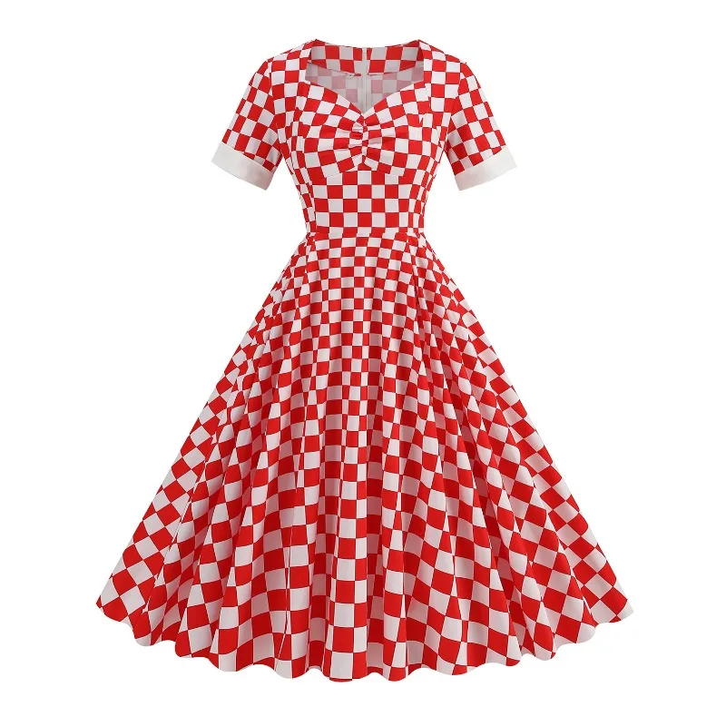 2025 New Vintage Red and White Plaid Rockabilly Retro Dress Sweetheart Neck Women Summer 1950s Ruched Front Cotton Long Dresses