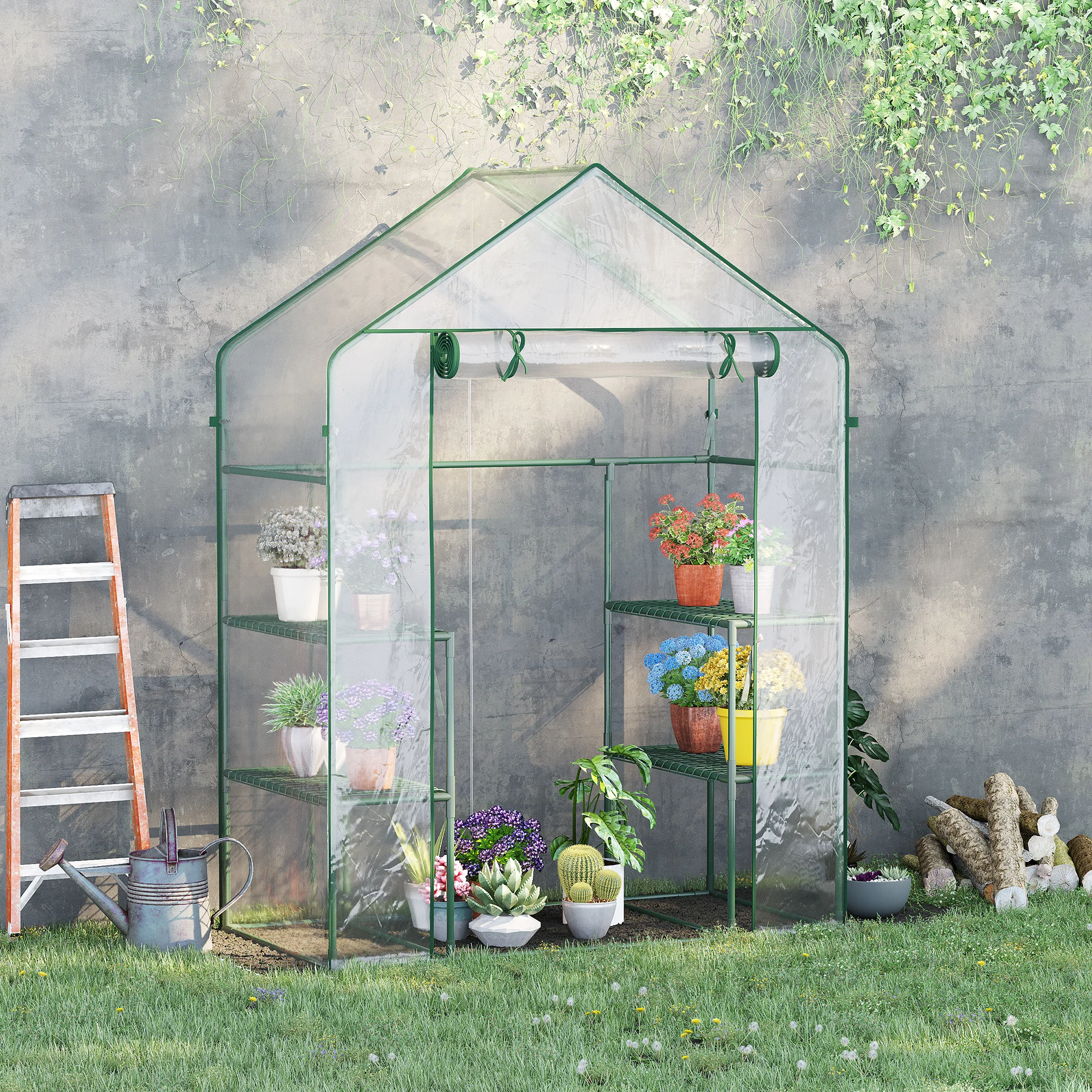 Outsunny film kas inlooptuinschuur met 6 planken PVC kunststof