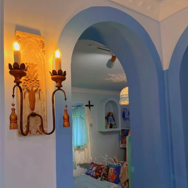 Bedroom bedside lamp retro wood art living room lamp, corridor entrance art stair wall lamp retro decoration