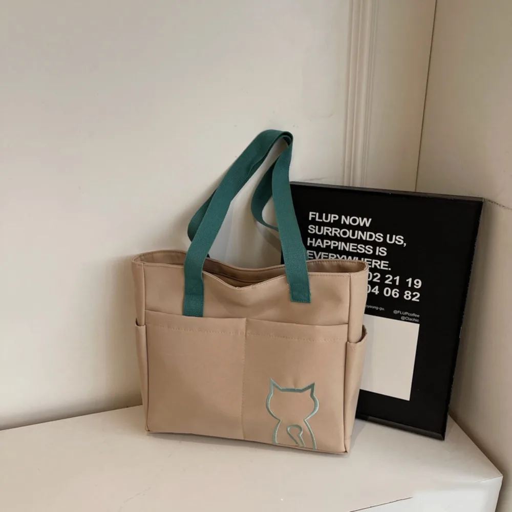 

Портативная повседневная нейлоновая сумка-тоут с несколькими карманами и вышивкой кота, легкая эко-сумка, большая вместительная нейлоновая сумка на плечо для женщин