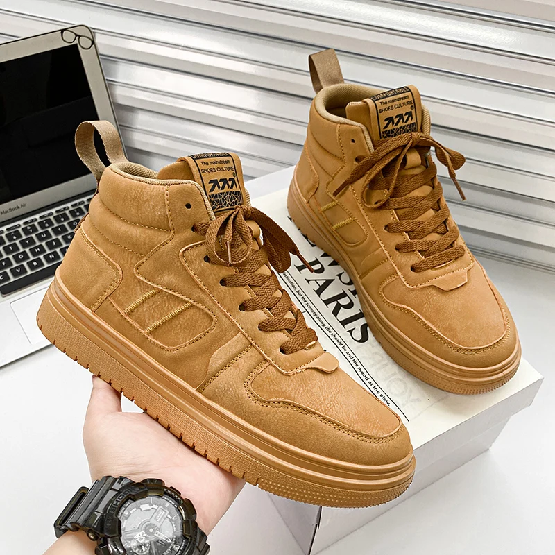 

Hot Sale Fashion Skateboard Shoes Man Non-slip Platform Men's High Top Shoes Comfort Lace-Up Brown Sneakers Men zapatos hombre