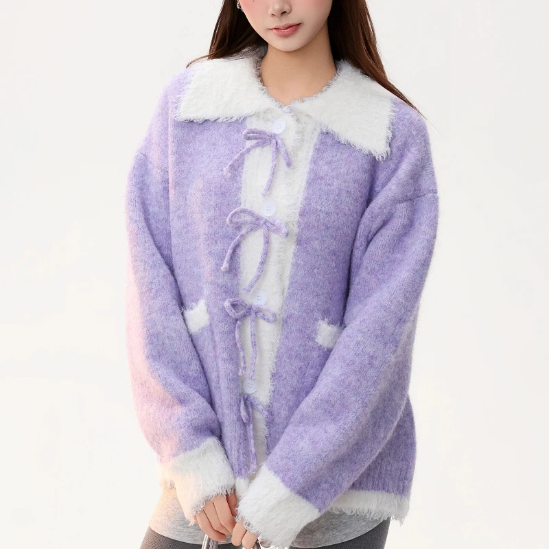 الأمريكية الرجعية بدوره إلى أسفل طوق محبوك المرأة سترة الخريف الشتاء تصميم جديد كلية الدافئة الحد من العمر سترة معطف السيدات #3