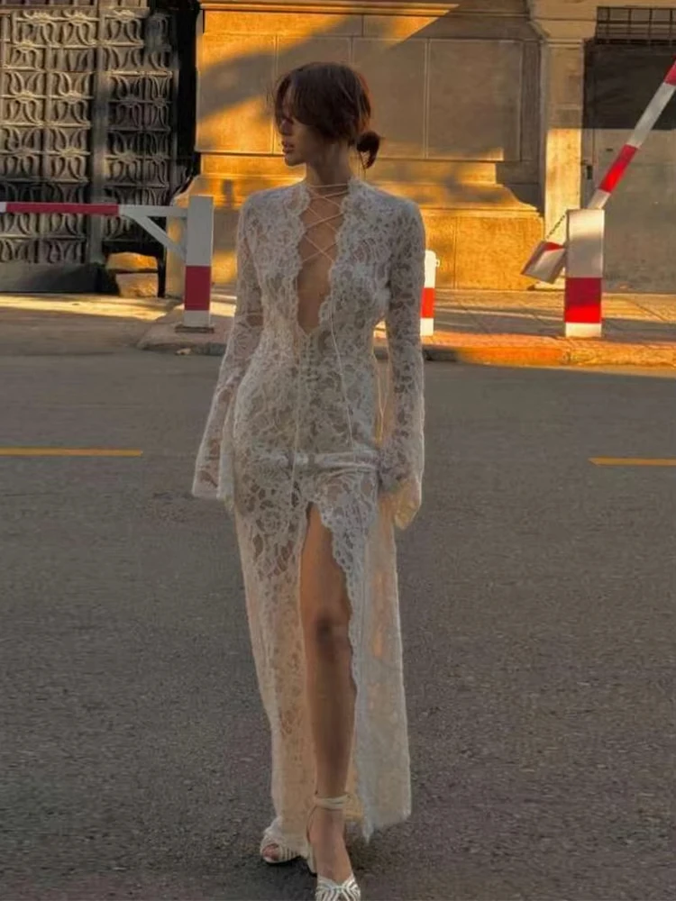 Sexy Kant Sheer Vrouwen Maxi Jurk Effen Mode Lange Mouw O-hals Bandage Schede Vestidos Vrouwelijke Prachtige Nachtelijke Gewaad