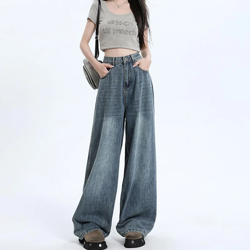 

Vintage Women's American Loose Wide Leg Blue Baggy Jeans New High Waist Straight Floor Y2K Streetwear Denim Pants