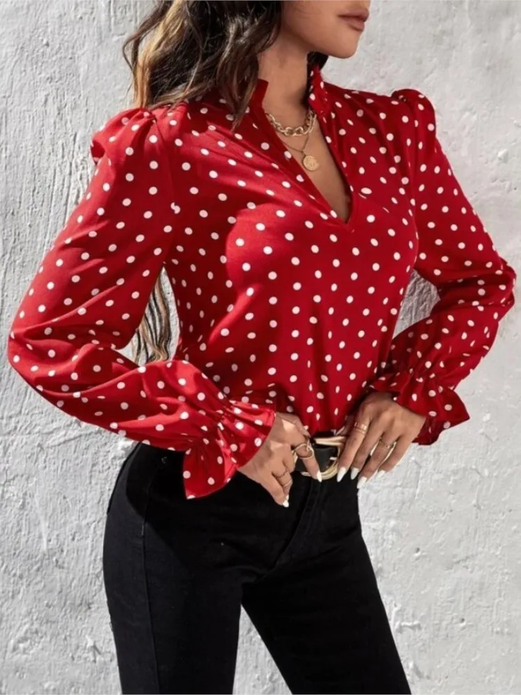 Zomer nieuwe collectie vrijetijdsmode top dames elegante stijl V-hals Polka Dot lange mouwen casual chiffon shirt vrouwelijke kleding