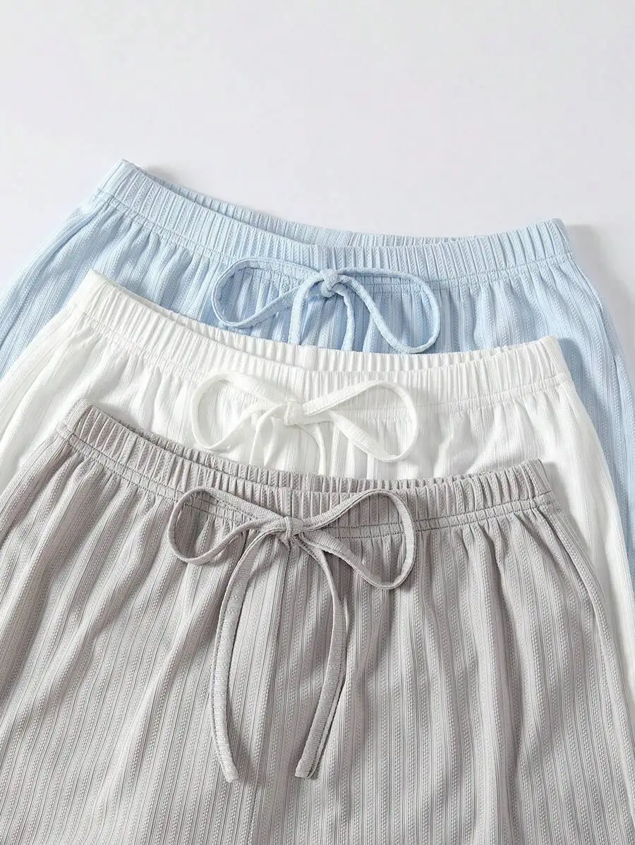 

3 Sets Women Solid Ribbed Pajama Shorts With Drawstring Waist