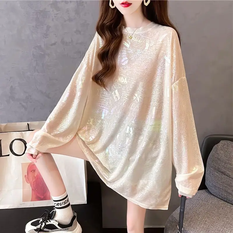 Korean Preppy Style Summer Women\'s O-Neck Printing Sequined Casual Loose Long Sleeve Mid-length Sunscreen Clothing T-Shirts Tops