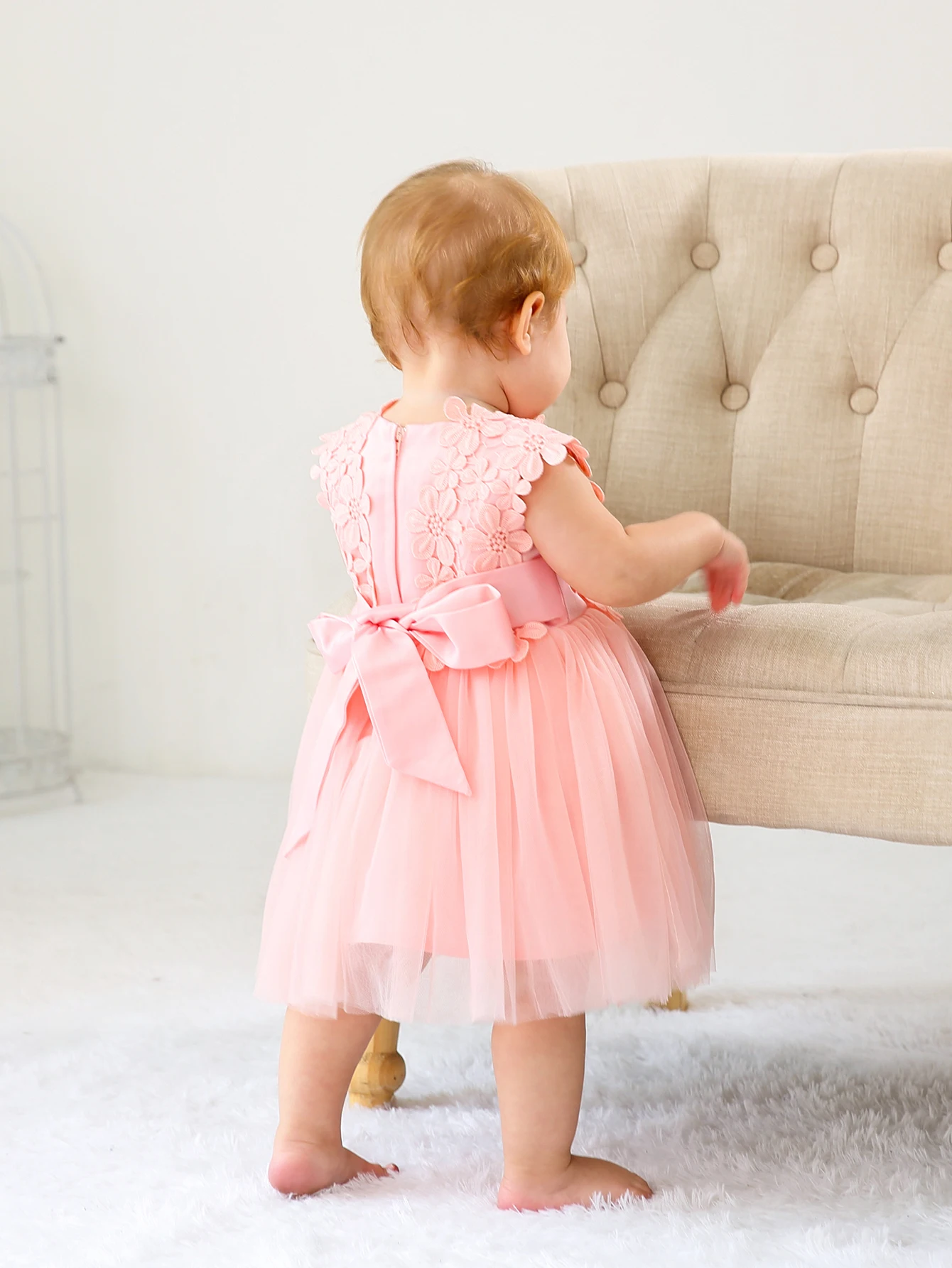 Baby Girl Pink Lace Dress Girl Dress 1-year-old Baby Birthday 1-year-old Children's Party Dress