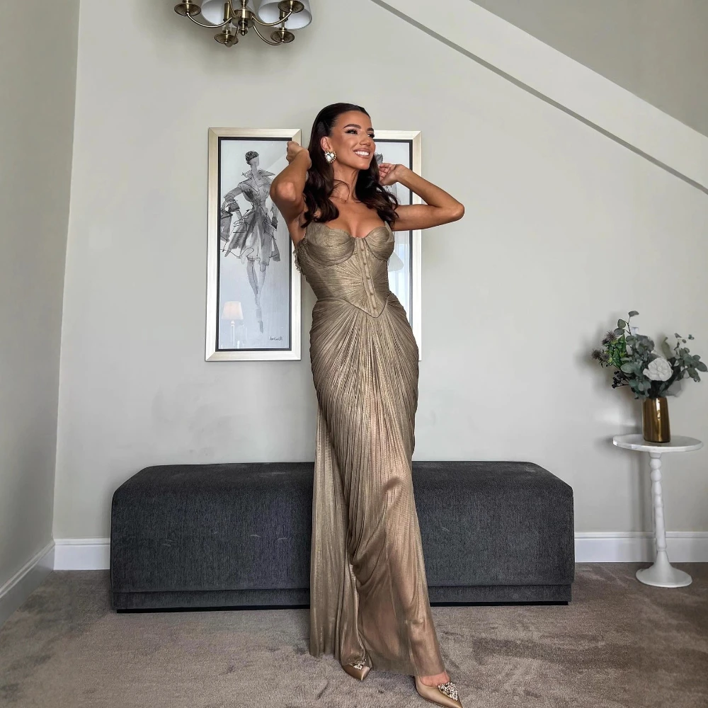 TWOTWINSTYLE Gold Pleated Tunic Fish Bone Dresses for Women Square Collar Sleeveless Casual Party Split Evening Dress Female New