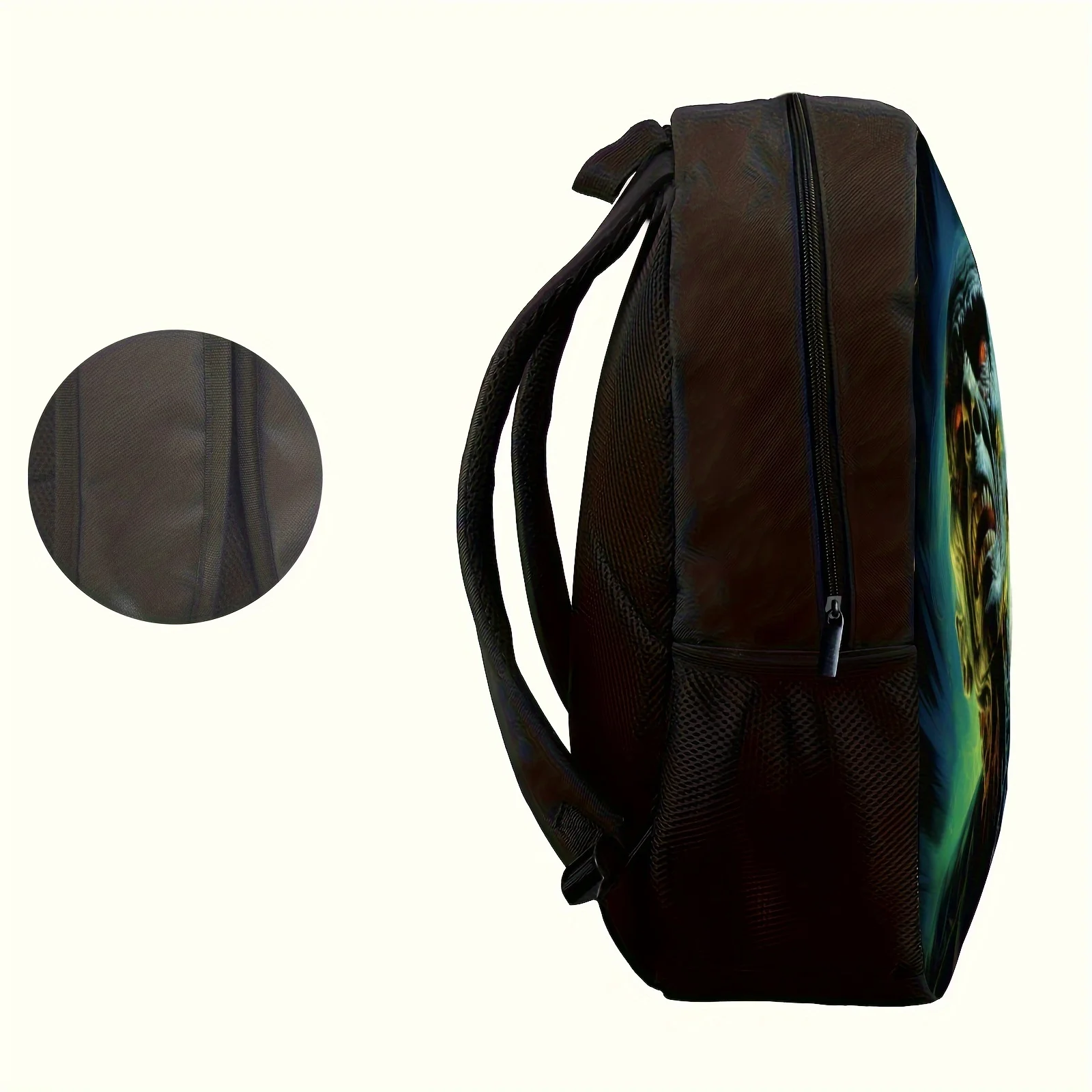 Terror Print Backpack: Lightweight Travel Knap, Adjustable Straps, Foldable, Zip Closure, Polyester Material, Street Style