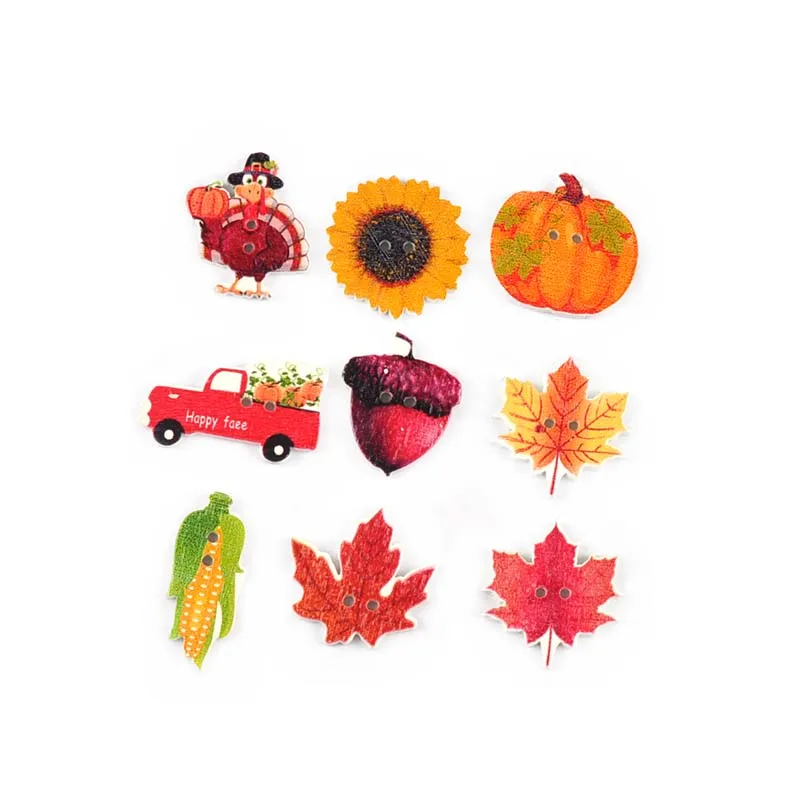 50pcs 1.3-3cm Pumpkin/Turkey/Maple/Corn Pinecones Mixed Wooden Buttons For Handmade Clothes Scrapbooking Sewing Decorative C4130