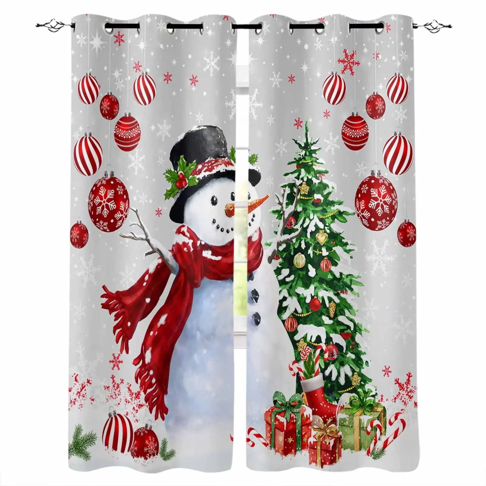 Christmas Snowman Pine Branch Living Room Bedroom Window Treatment Blinds Drapes Modern Kitchen Curtains